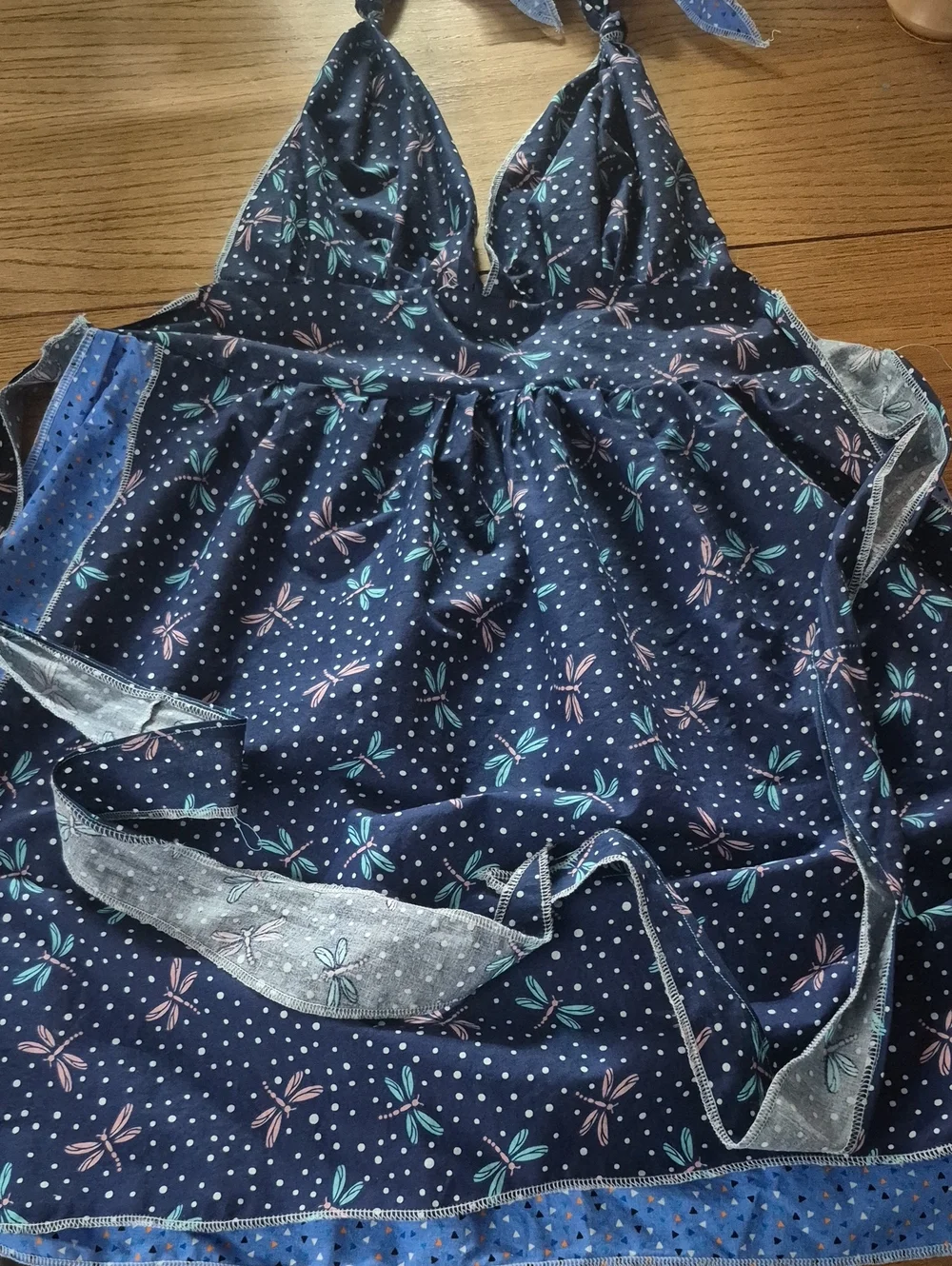 Navy Floral Polka Dot Kitchen Apron with Pink & Teal Accents